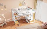 Full Size Loft Bed with Desk and Shelves, Two Built-in Drawers, Storage Staircase, White and Natural