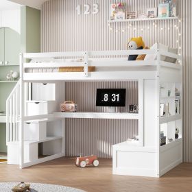 Full Size Loft Bed with Desk and Shelves, Two Built-in Drawers, Storage Staircase, White (Color: as Pic)