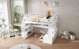 Full Size Loft Bed with Desk and Shelves, Two Built-in Drawers, Storage Staircase, White