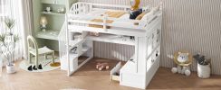 Full Size Loft Bed with Desk and Shelves, Two Built-in Drawers, Storage Staircase, White