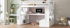 Full Size Loft Bed with Desk and Shelves, Two Built-in Drawers, Storage Staircase, White
