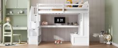 Full Size Loft Bed with Desk and Shelves, Two Built-in Drawers, Storage Staircase, White