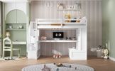 Full Size Loft Bed with Desk and Shelves, Two Built-in Drawers, Storage Staircase, White
