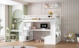 Full Size Loft Bed with Desk and Shelves, Two Built-in Drawers, Storage Staircase, White